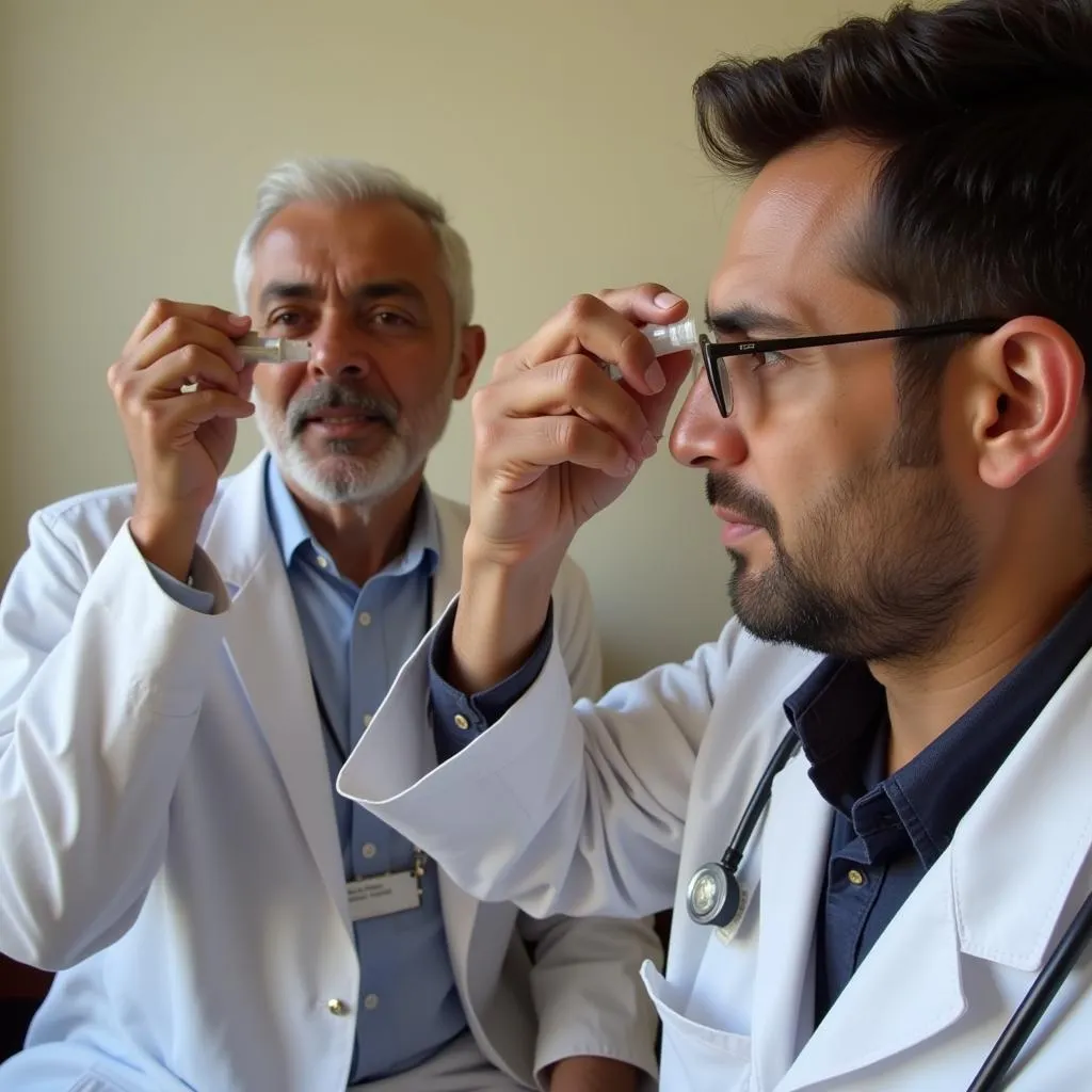 Doctor examining a patient with eye infection in Pakistan