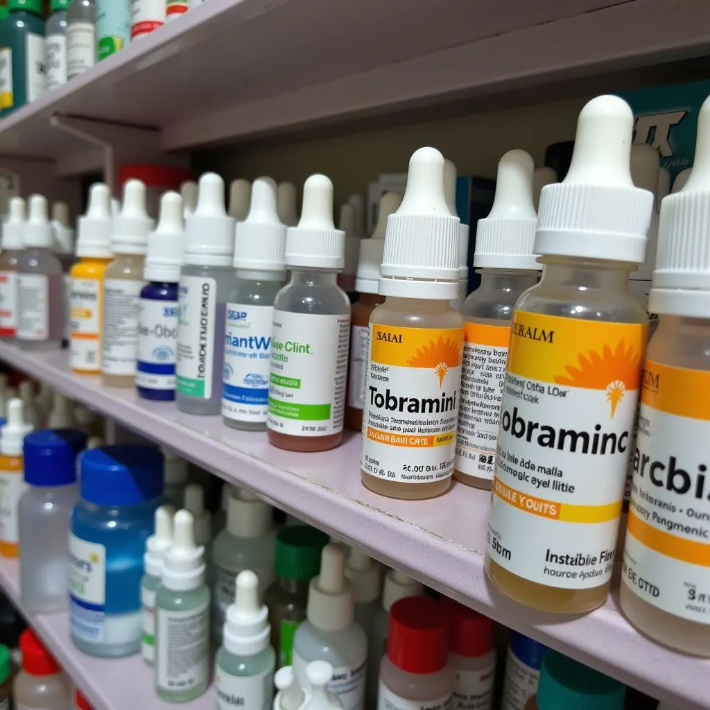 Various brands of tobramycin eye drops on a pharmacy shelf in Pakistan