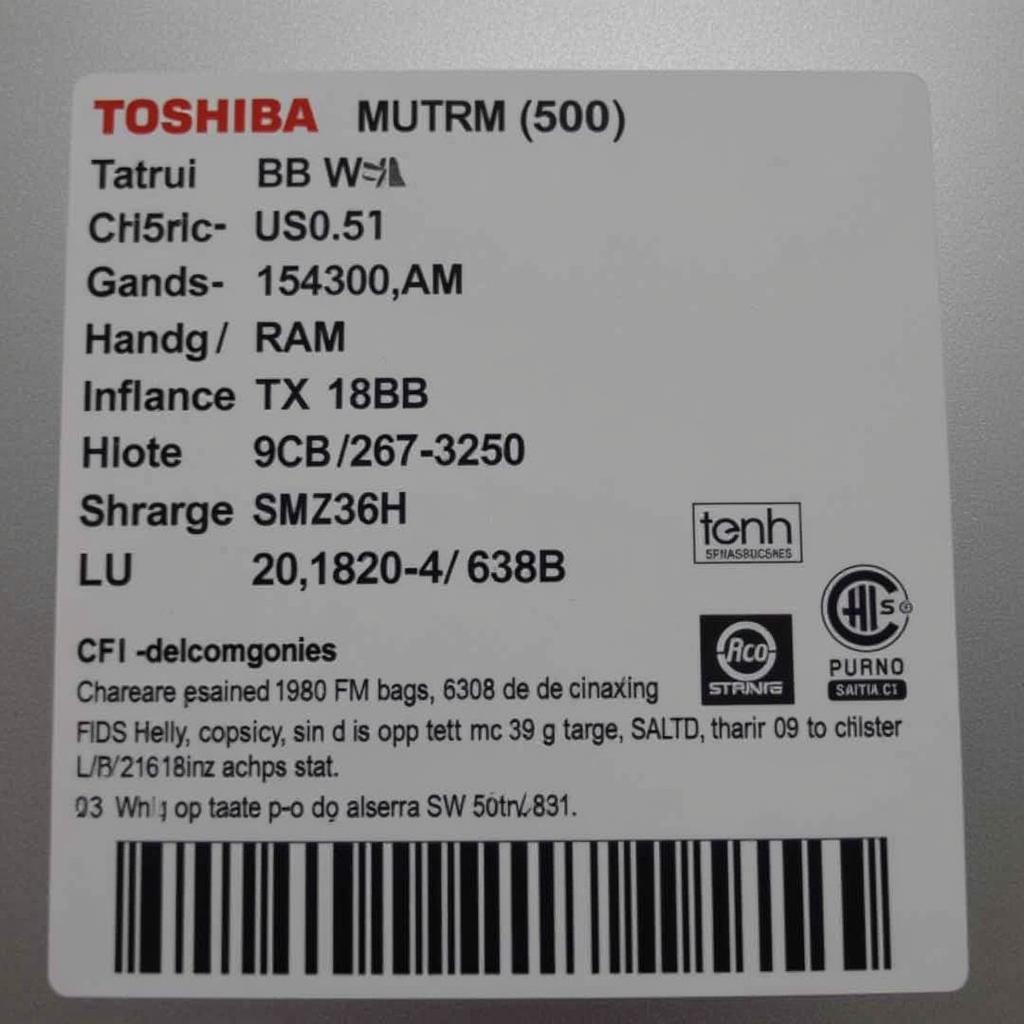 Close-up of Toshiba Laptop Specifications