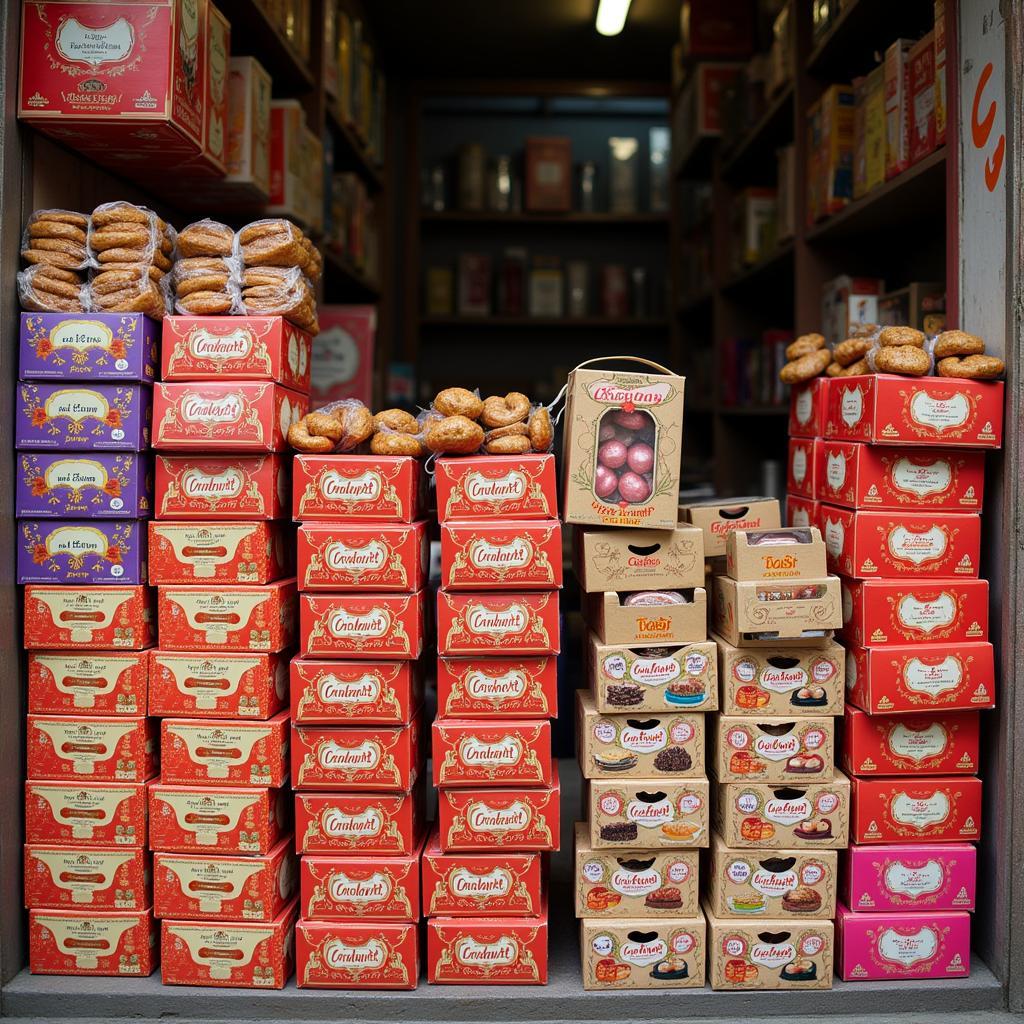 Turkish delight boxes stacked in a Pakistani shop