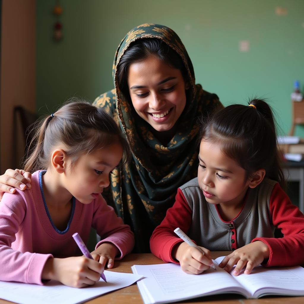 Pakistani woman tutoring children