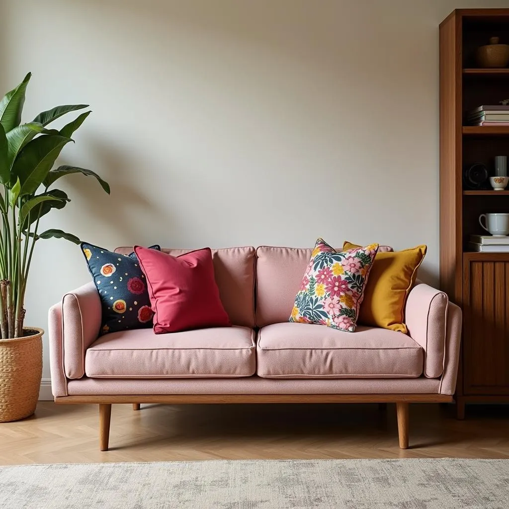 Two-seater dewan sofa with vibrant cushions