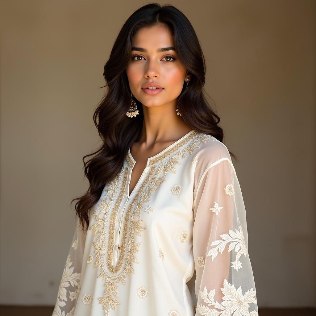 Woman in a white chikankari suit