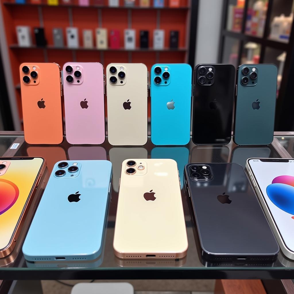 Used iPhone 11 models on display in a mobile phone shop in Pakistan