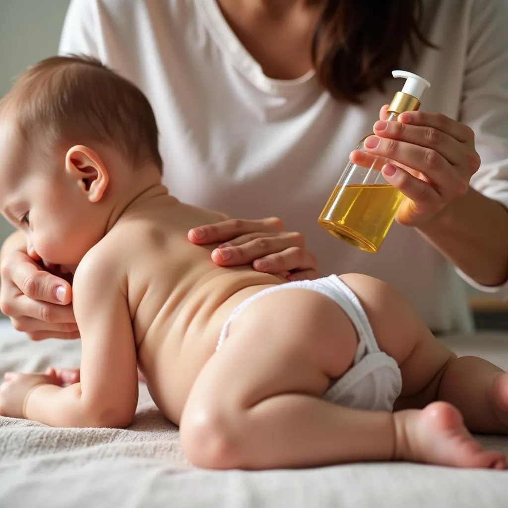 A mother using baby oil for a gentle massage on her baby