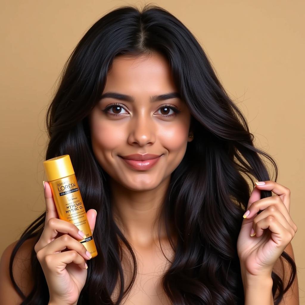 A woman applying Loreal Mythic Oil to her hair