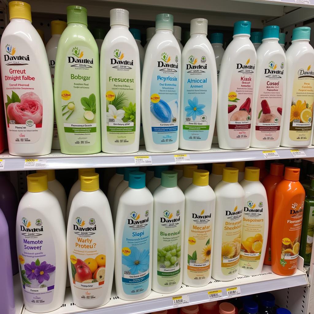 Different types of chemical-free shampoos on a store shelf