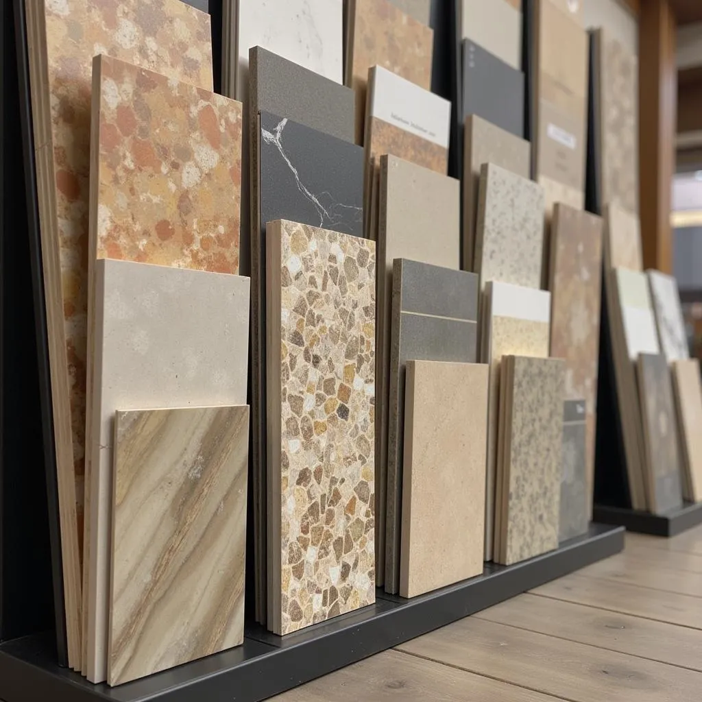 Different floor tile samples showcased in a showroom