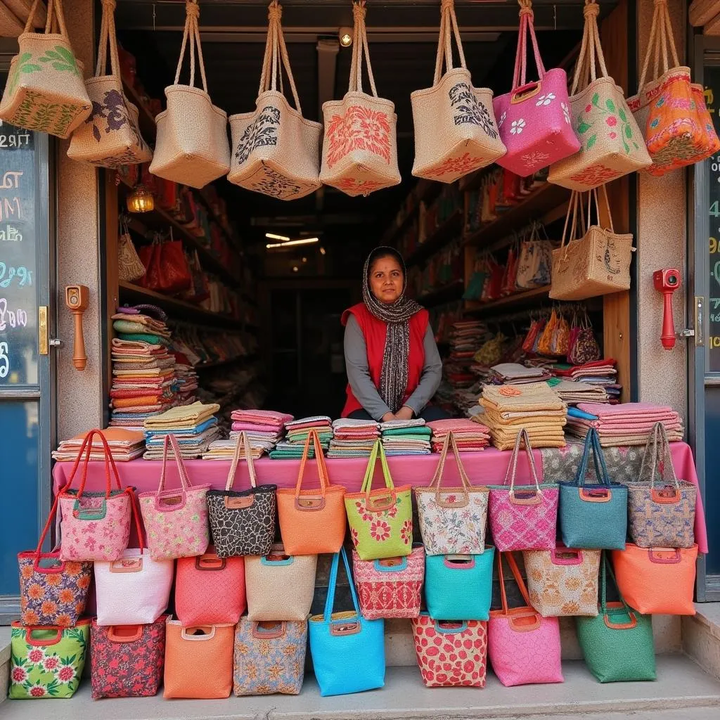 Different types of jute bags displayed in a shop in Pakistan