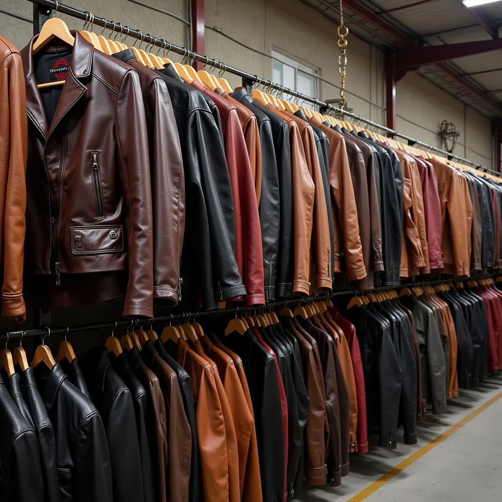 A wide selection of leather jackets in different styles and colors displayed in a Sialkot factory.