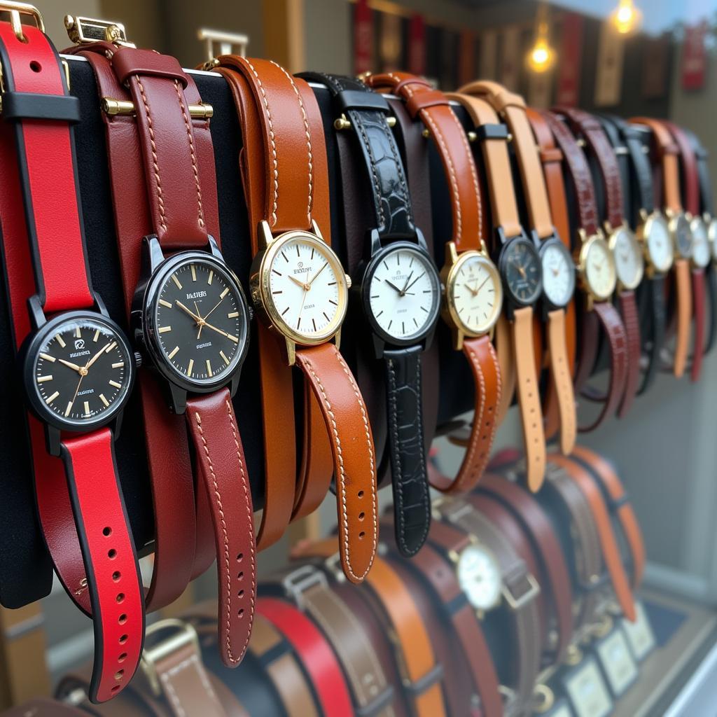 Leather strap watches on display