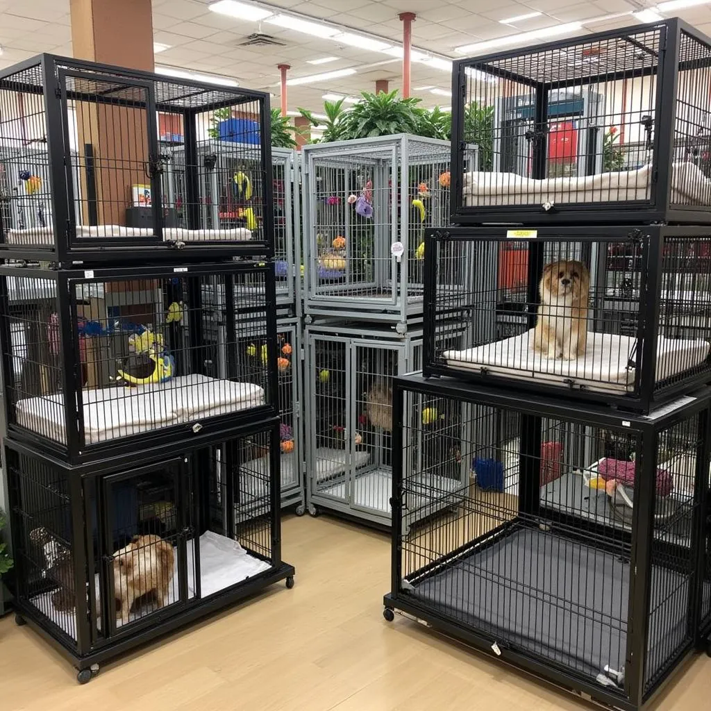 Different types of pet cages on display in a pet store.