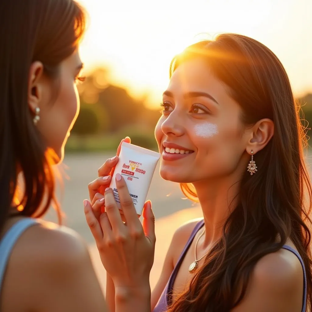 Woman applying Vince Sunblock SPF 75 on her face while standing under the Pakistani sun.