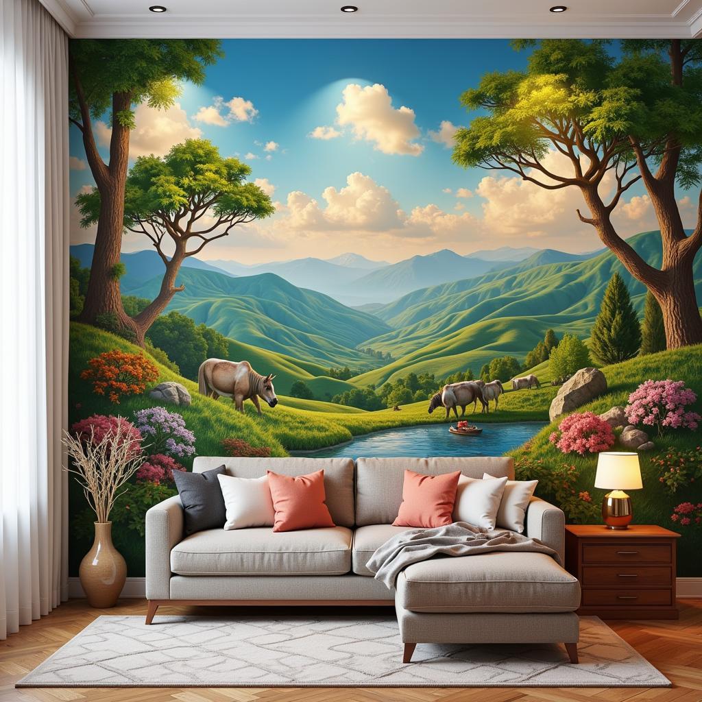 Stunning wall mural in a Pakistani living room