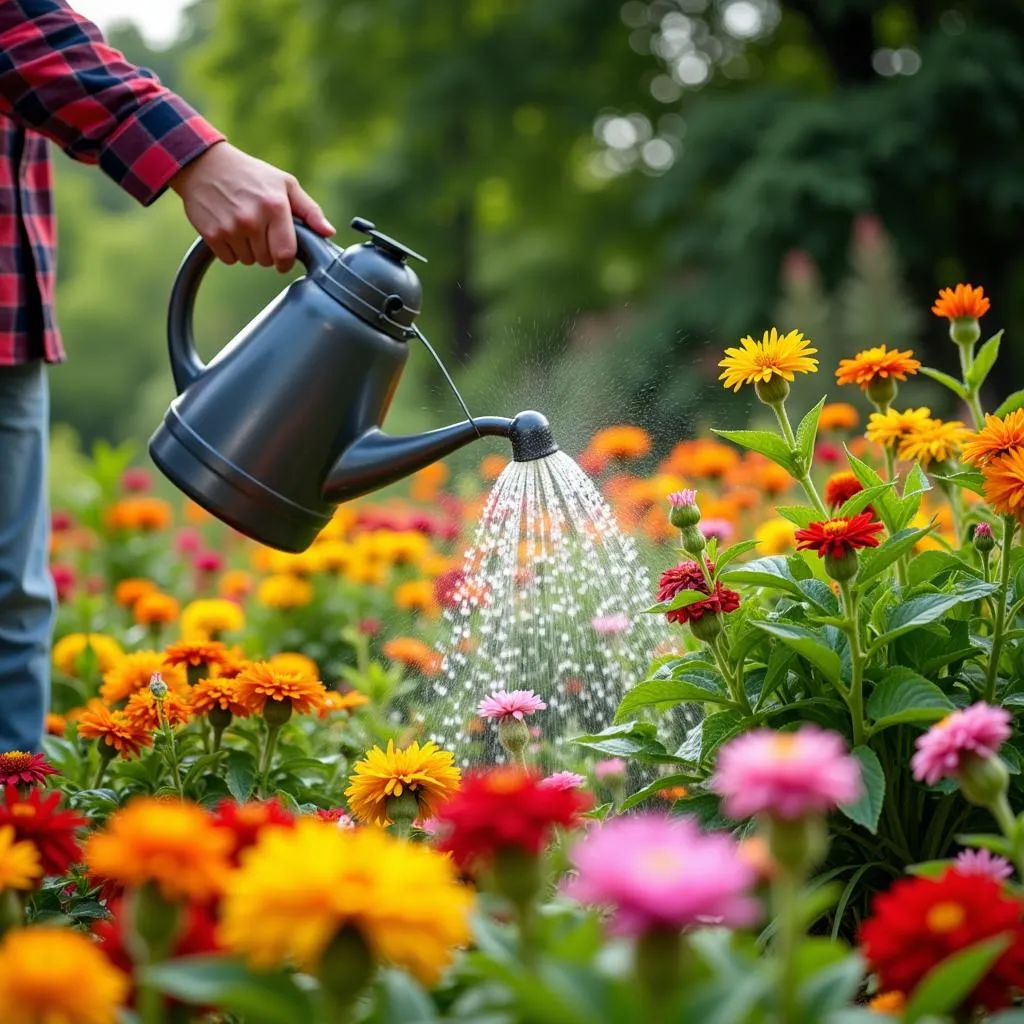 Watering flowers in a Pakistani garden