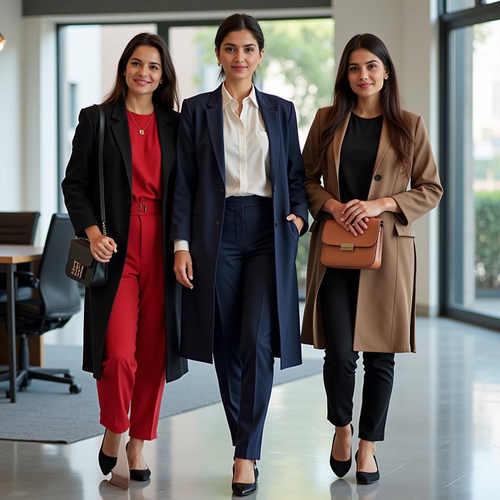 Modern Pakistani women in Western office attire.