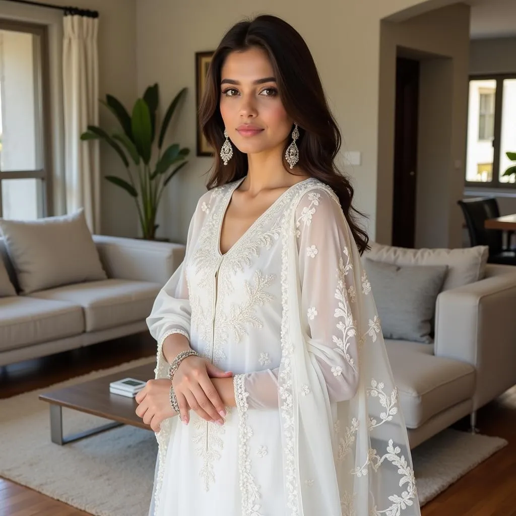 Pakistani Woman in White Chikan Suit