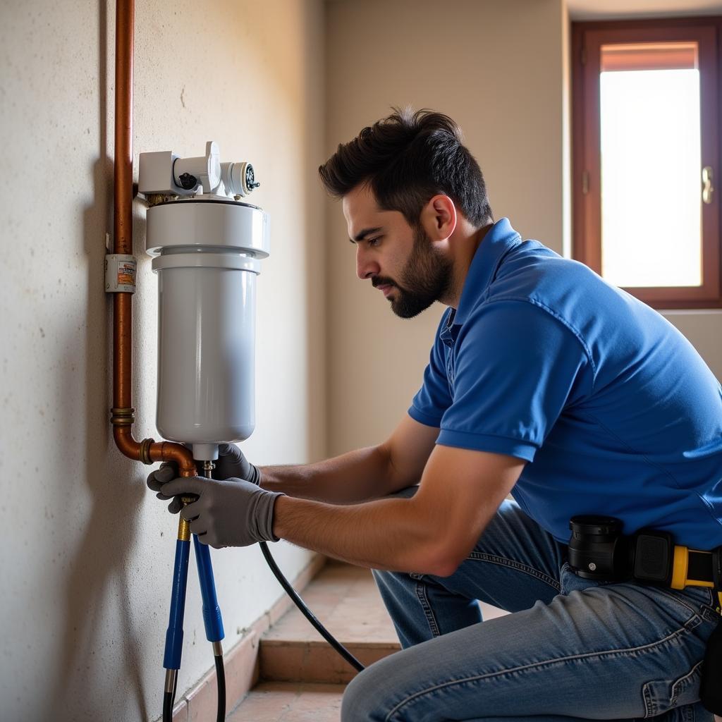 Plumber installing a whole house water filter in Pakistan