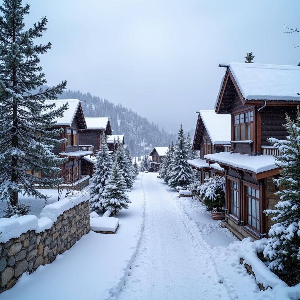 A picturesque scene of Naran town covered in a blanket of snow during winter.