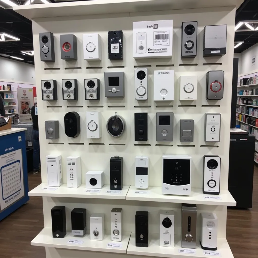 Wireless doorbells displayed in a Pakistani shop