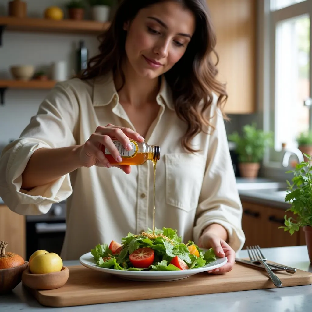 Woman adding apple cider vinegar to salad