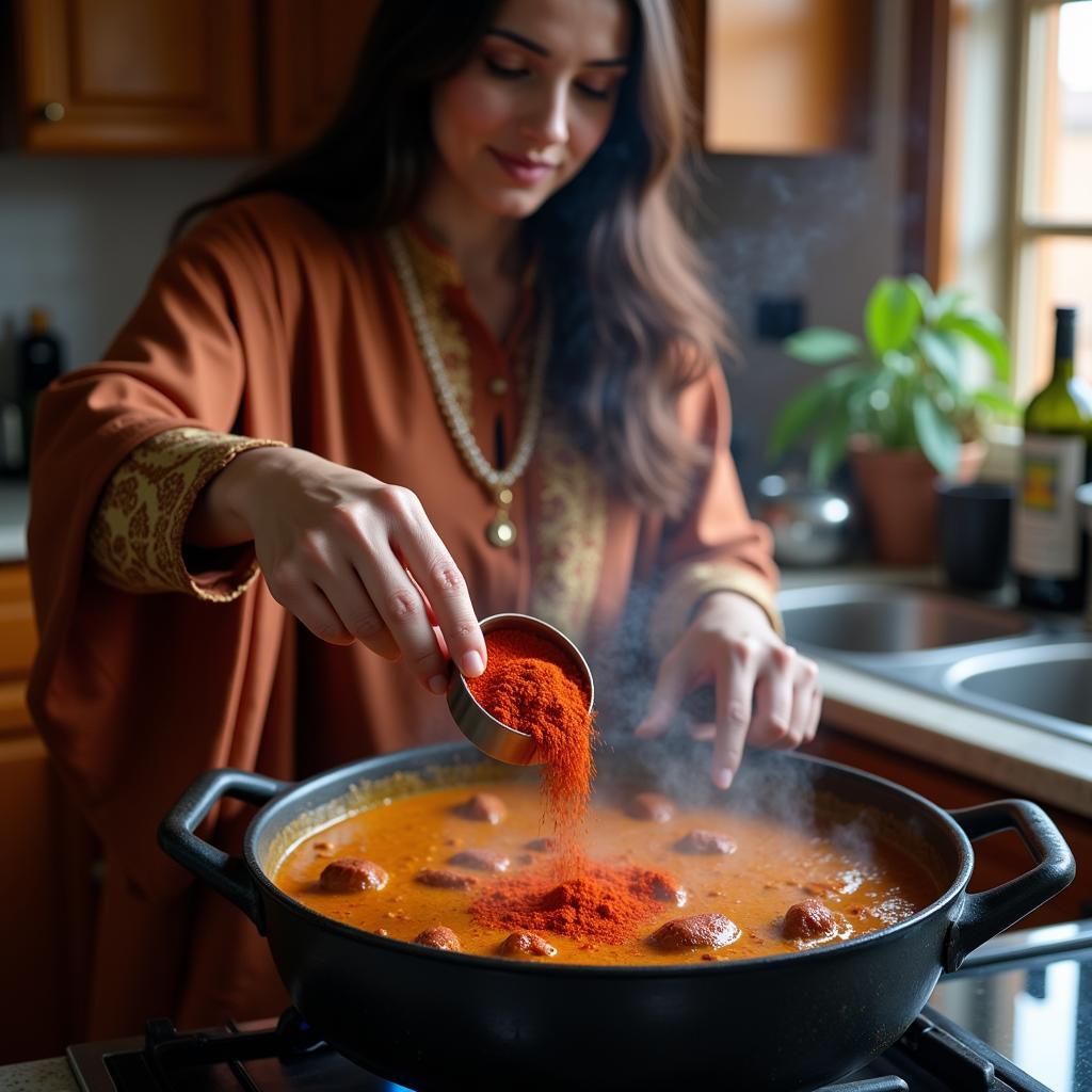 Pakistani Woman Adding Cayenne Pepper to Curry