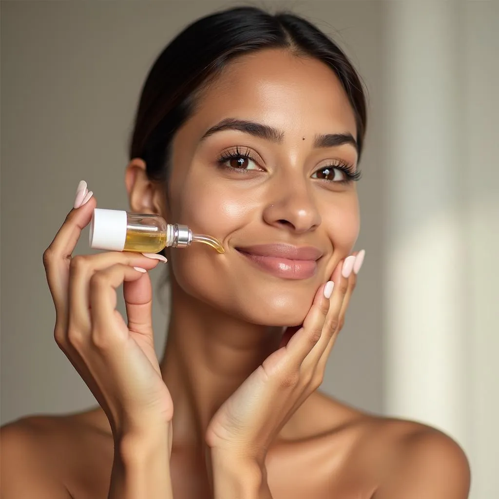 A Pakistani woman applying alpha arbutin serum to her face.