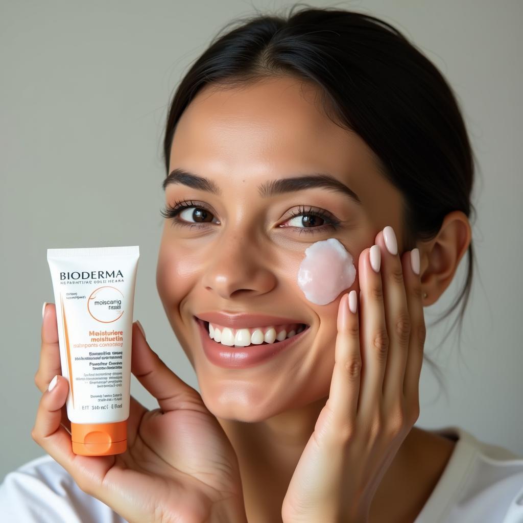 Woman Applying Bioderma Moisturizer