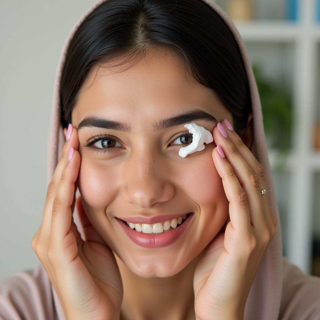 Woman applying CeraVe Eye Repair Cream