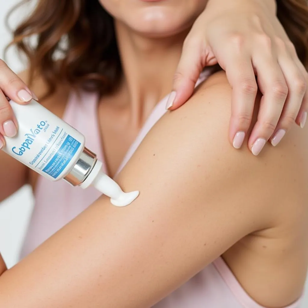 Woman applying Depiwhite cream on her arm