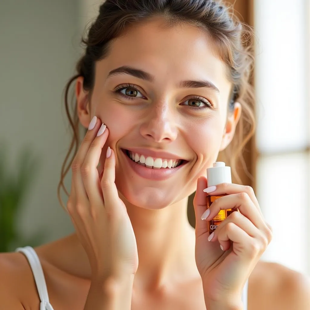 A woman gently applies Garnier face serum, showcasing its lightweight texture and emphasizing its role in a skincare routine.