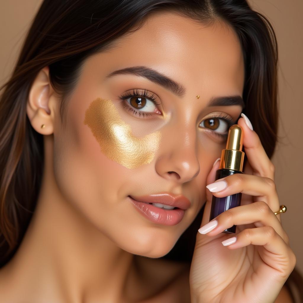 Pakistani woman applying 24k gold serum