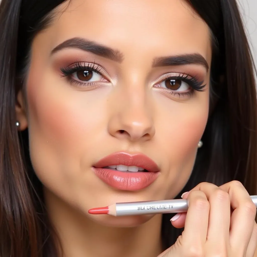 A woman applies Huda Beauty Lip Pencil