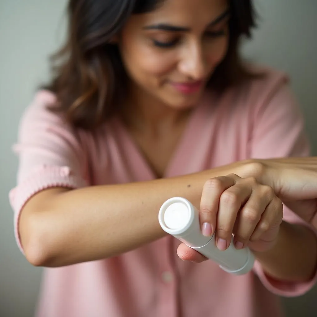 A Pakistani woman applying i-Lite roll-on hair removal product