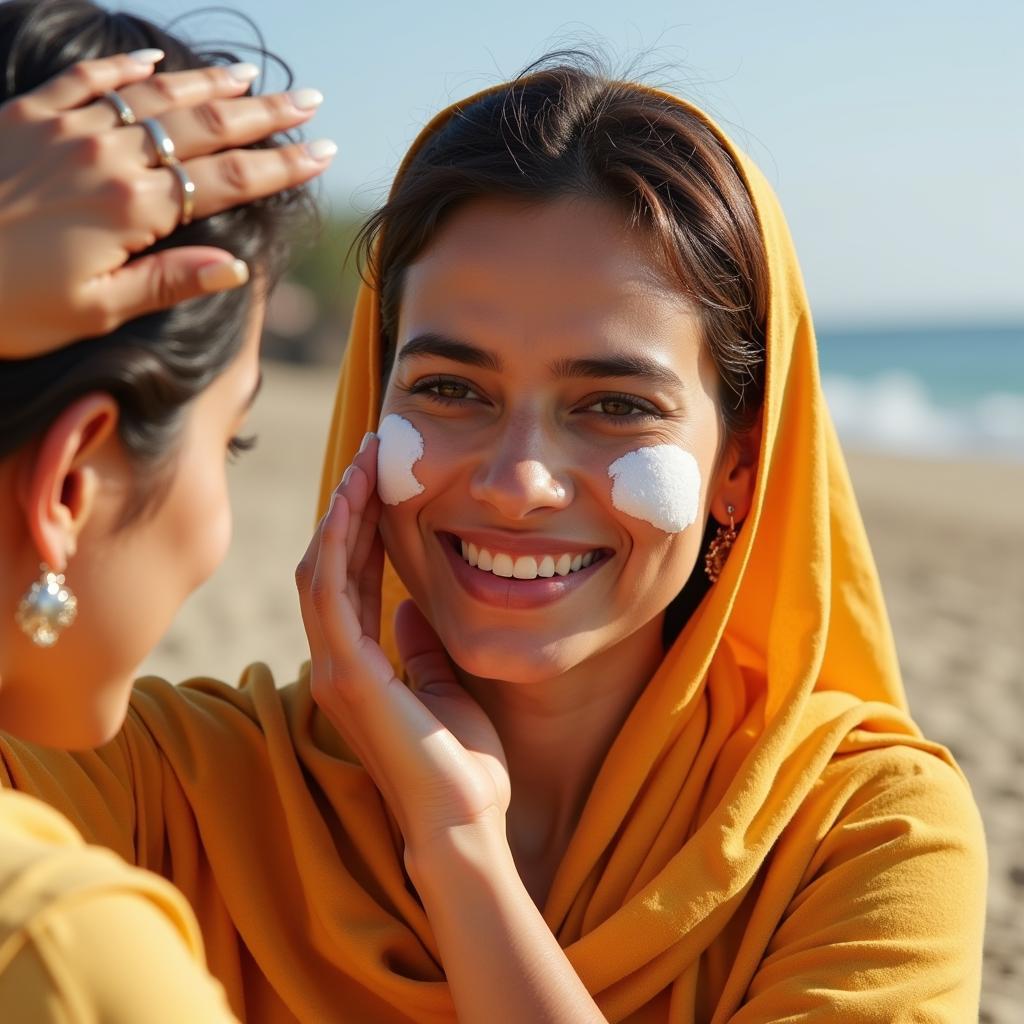 Woman Applying Solarin Sunblock on Face