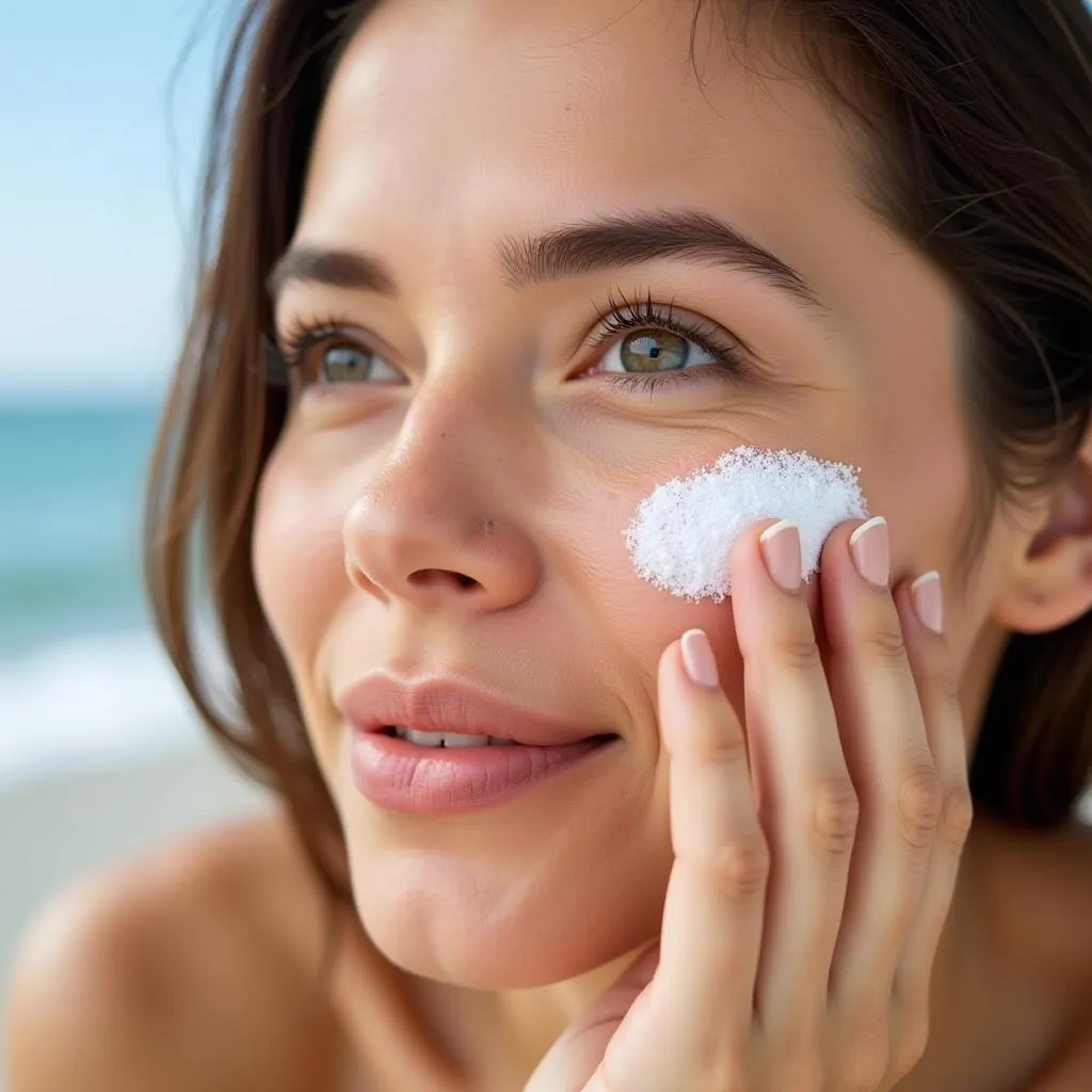 A woman applying sunscreen on her face