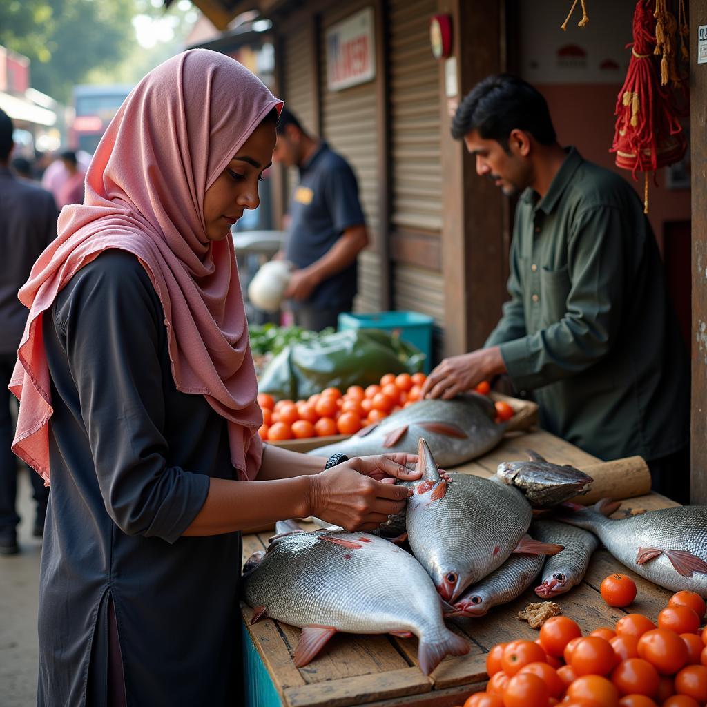 Woman Buying Fresh Black Rohu Fish at Local Market in Lahore