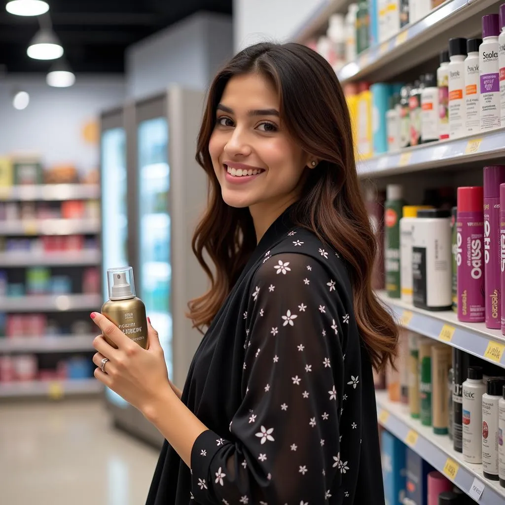 A woman purchasing OSIS hair spray from a store in Pakistan