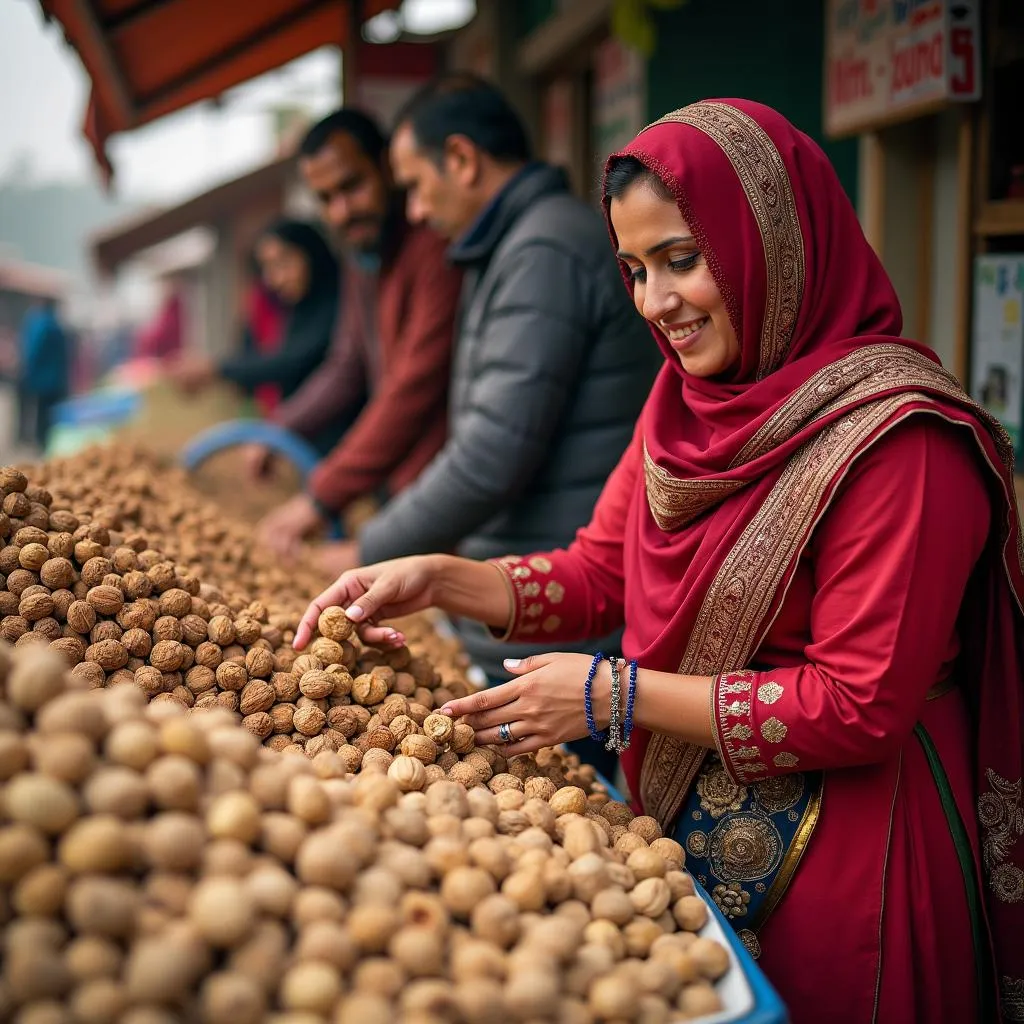 Pakistani woman selecting walnuts at a market stall