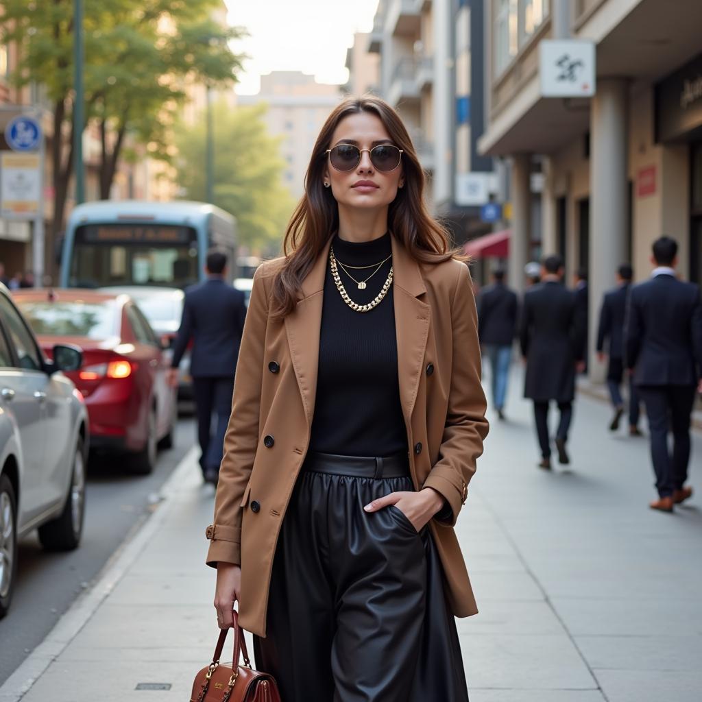 A woman confidently walking down a street in Pakistan, carrying a Prada bag