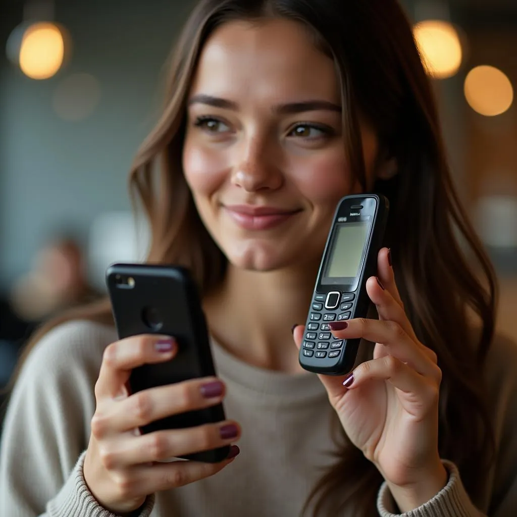 Woman inspecting a vintage Nokia phone