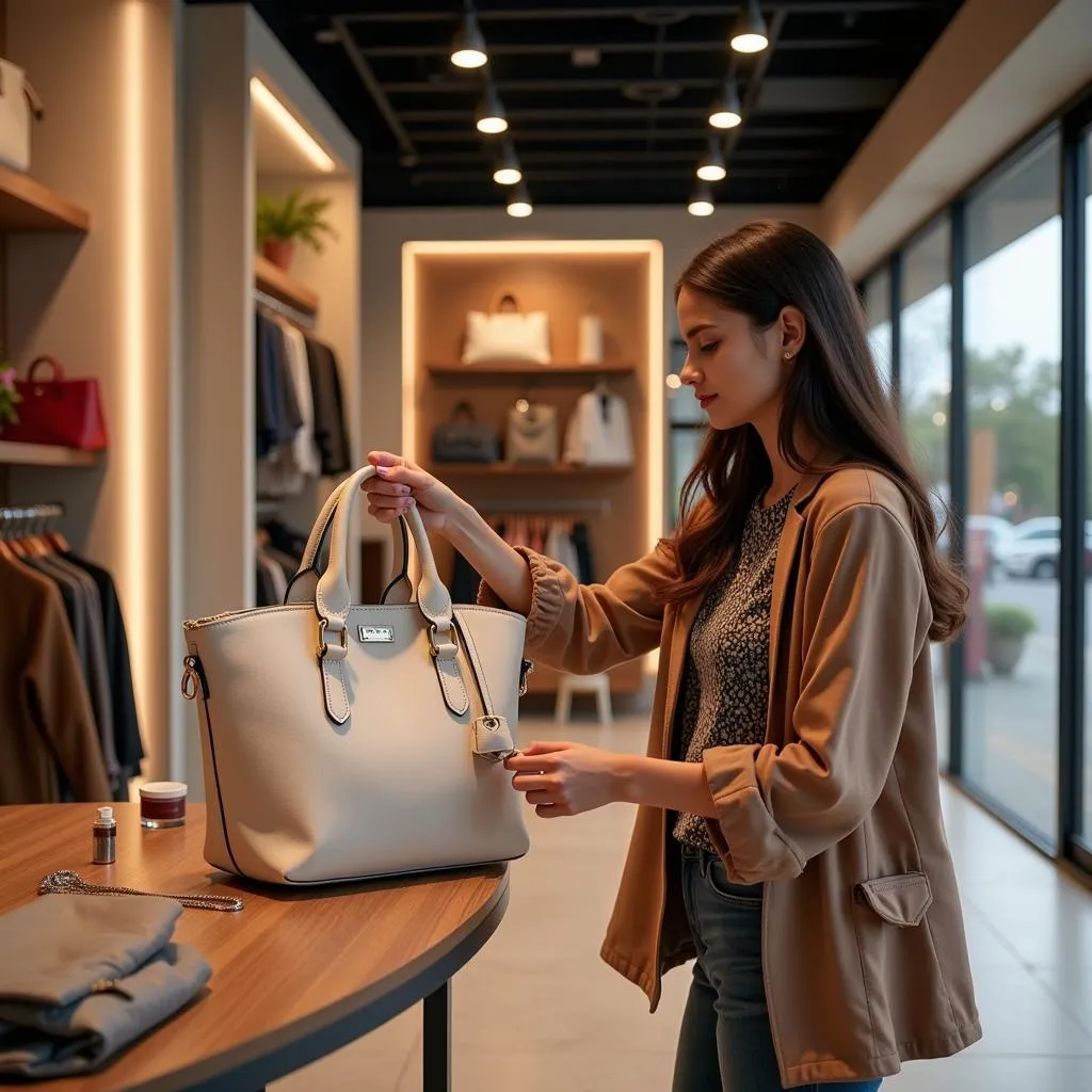 Woman Choosing Hand Carry Bag in Pakistan Shop