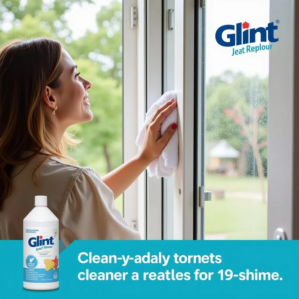 A woman happily cleaning a window using Glint glass cleaner.