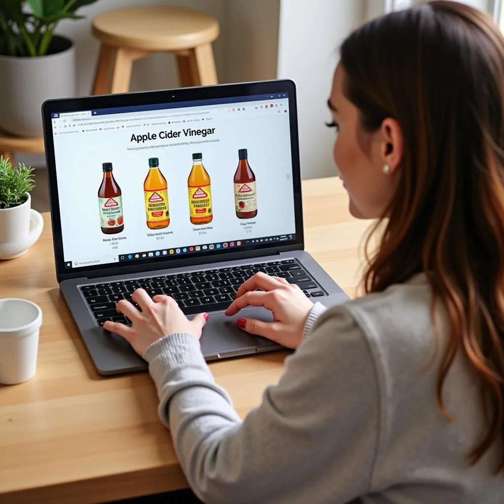 Woman comparing apple cider vinegar prices online