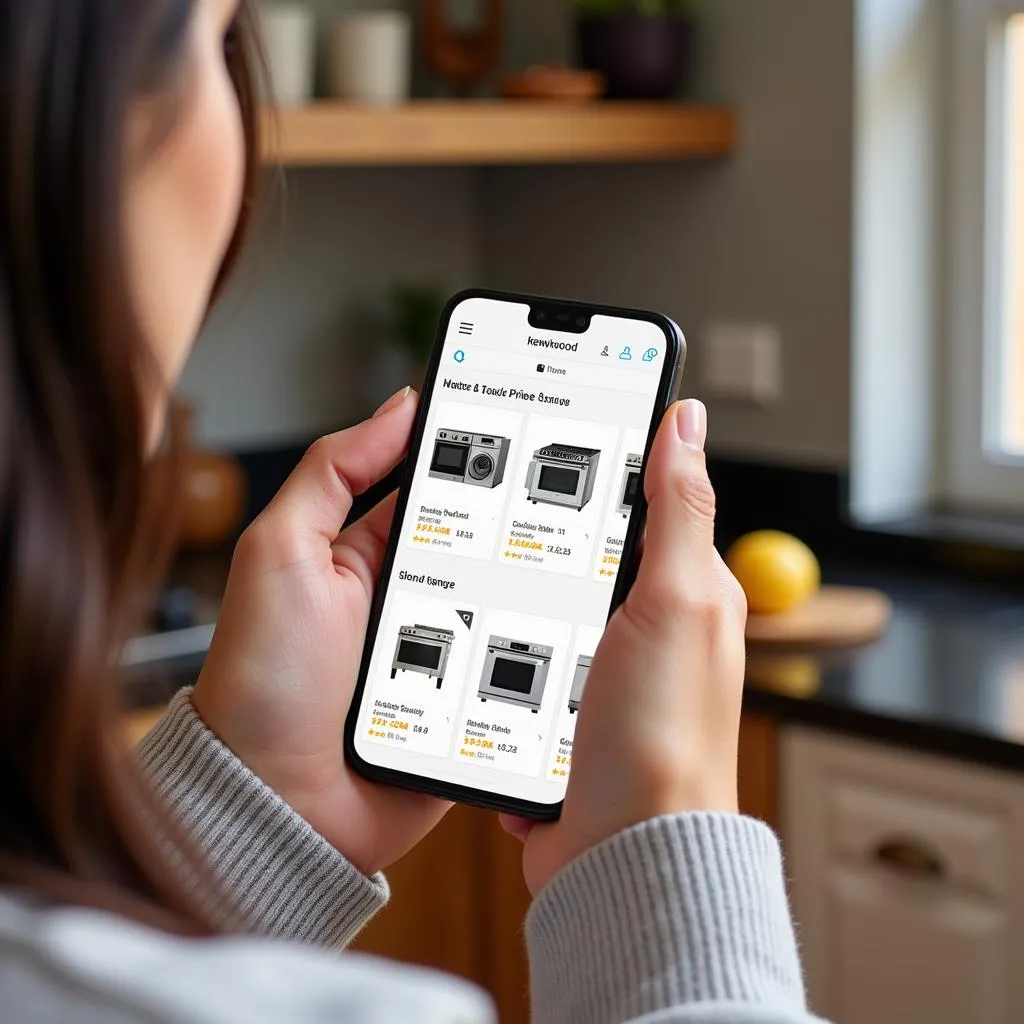 Woman Comparing Kenwood Cooking Range Prices on Mobile Phone