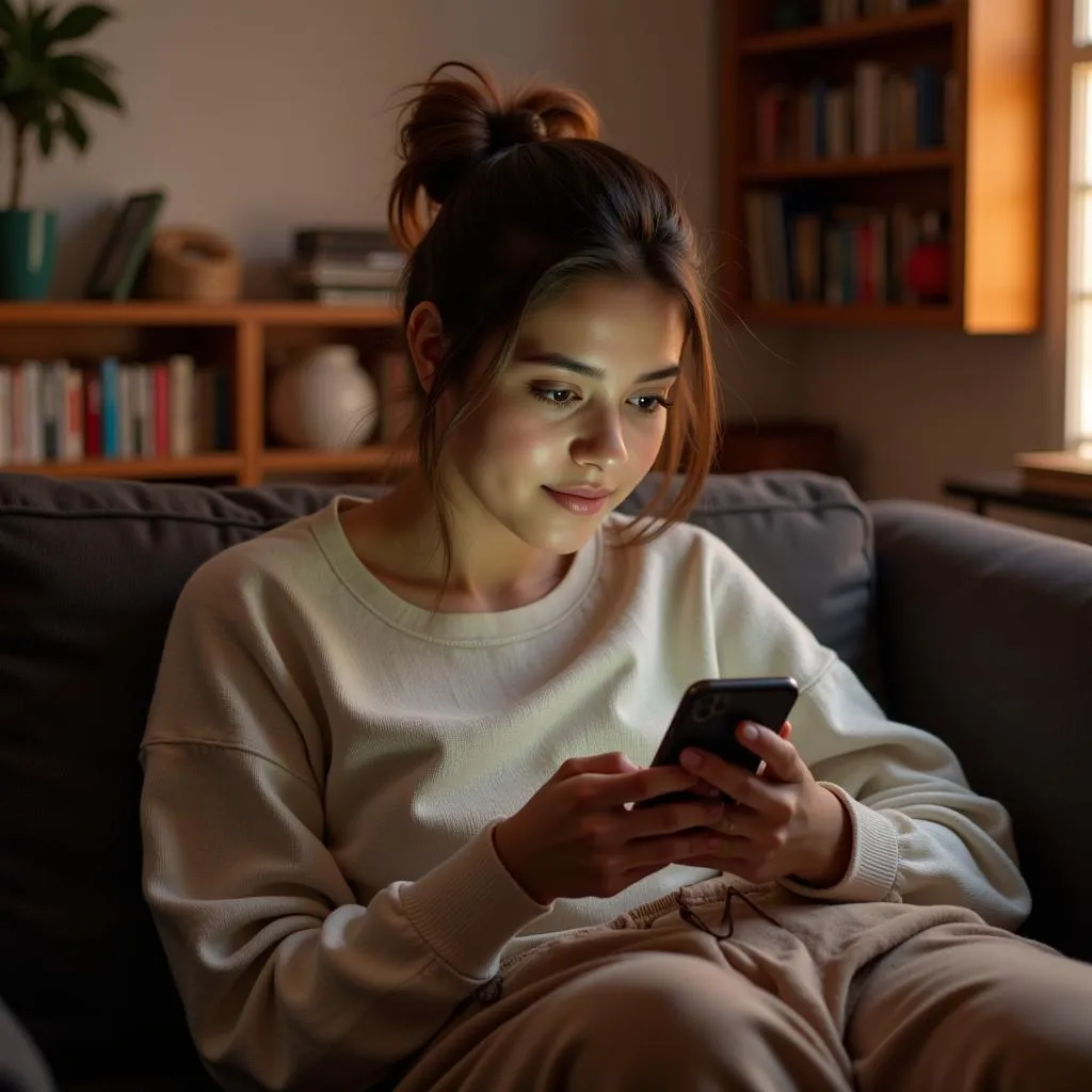 A Pakistani woman using her phone to compare prices of Nutella 350g online