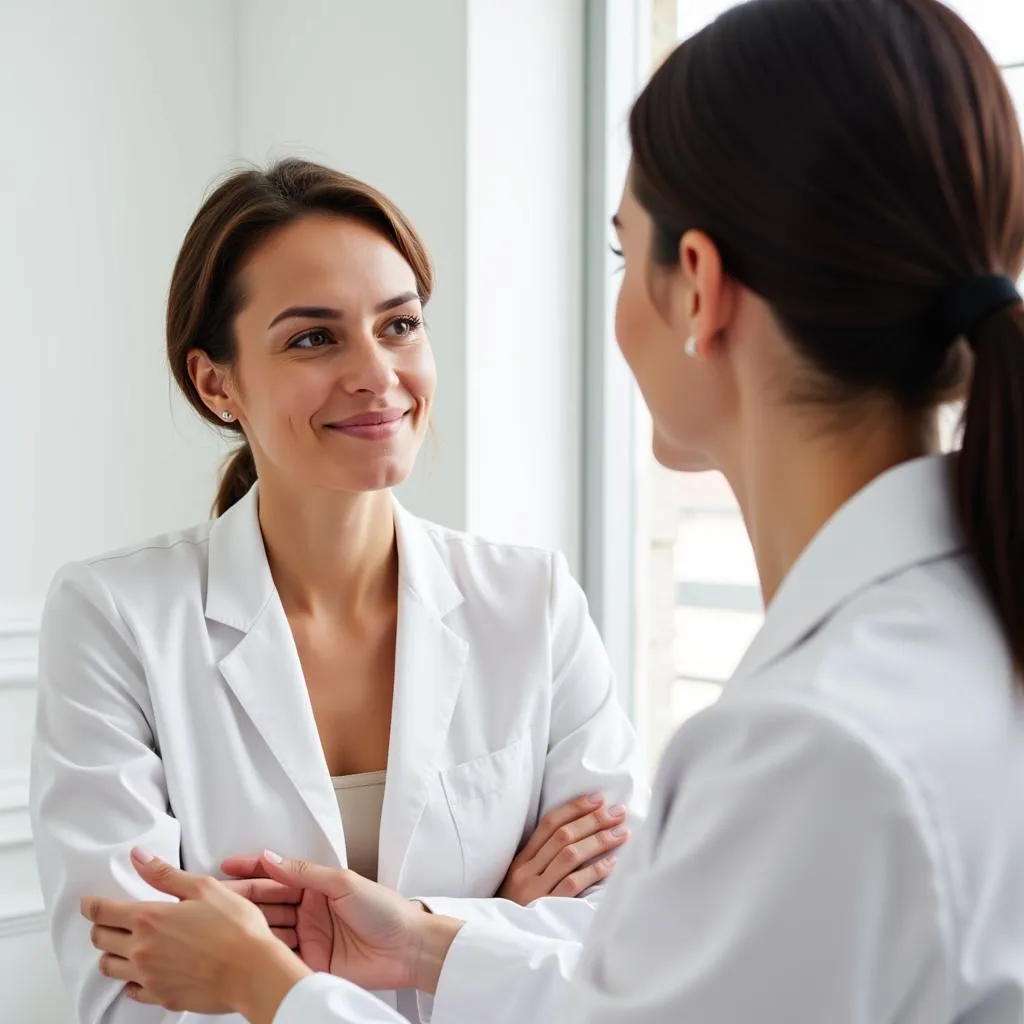 A woman sitting in a dermatologist's office discussing skin whitening options