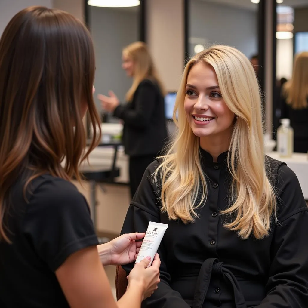 A woman consulting with a hairstylist about Keune bleach cream