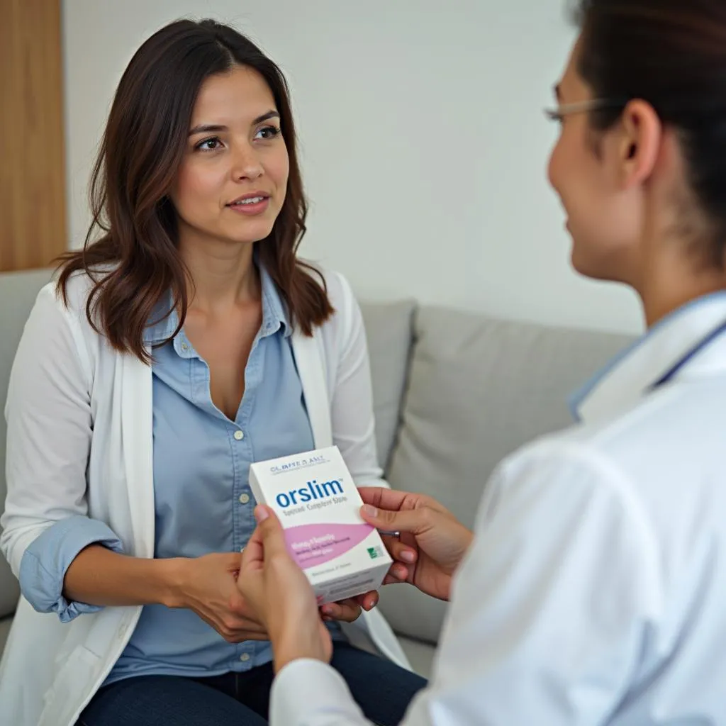 A woman discussing Orslim tablets with a doctor.