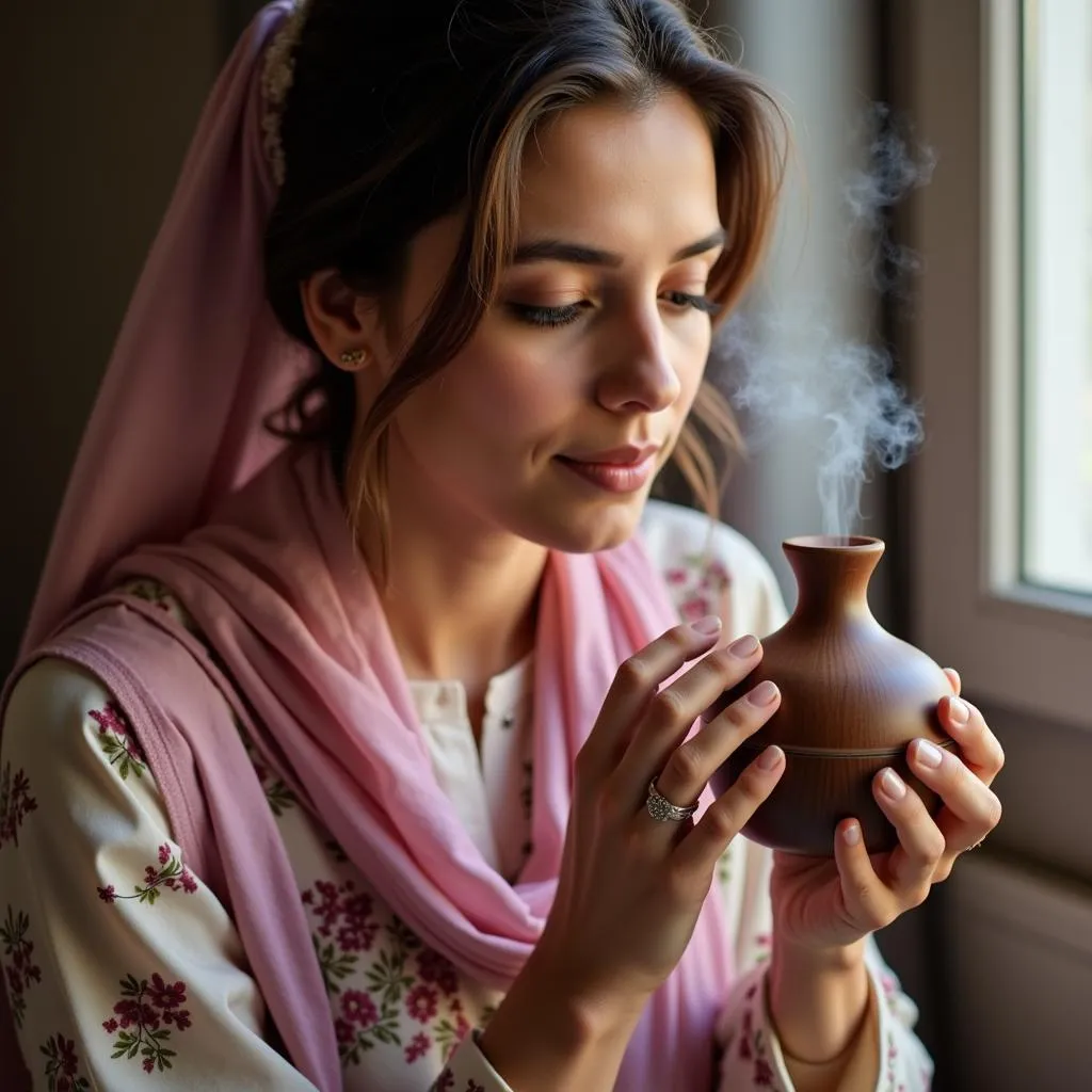 A Pakistani woman relaxing with lavender oil aromatherapy